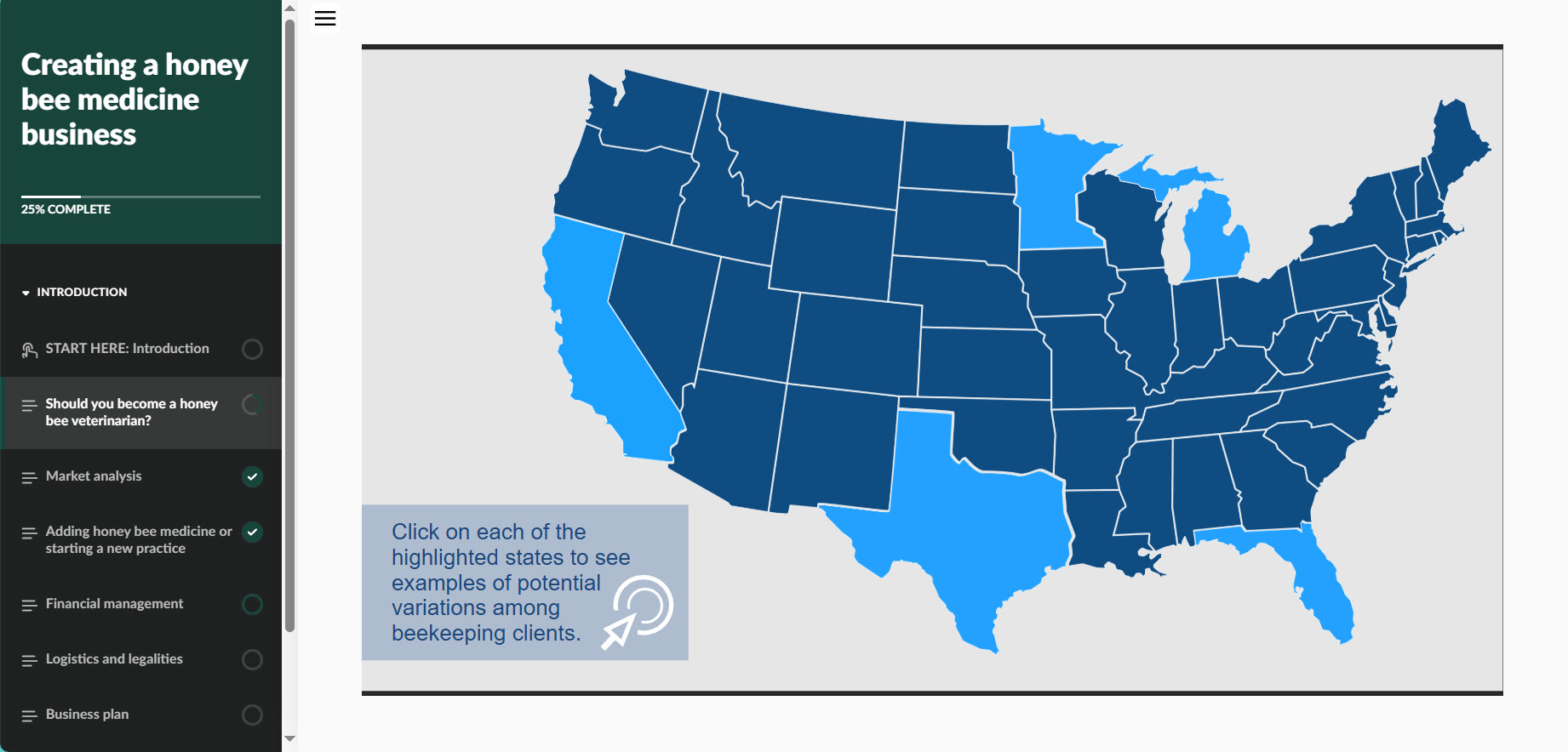 Screenshot from the online learning module featuring a map of the United States that users can click to find examples of honey bee medicine businesses.